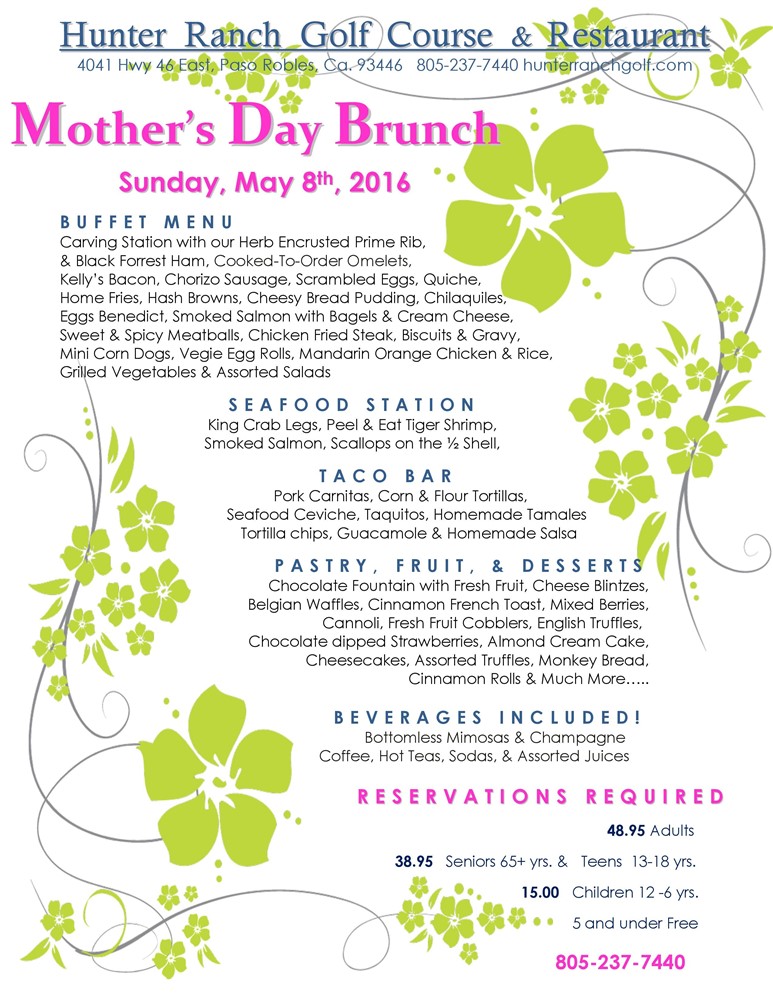 16 04 09 Hunter Ranch Golf Course Restaurant Mothers Day 2016 Brunch full page menu page 0